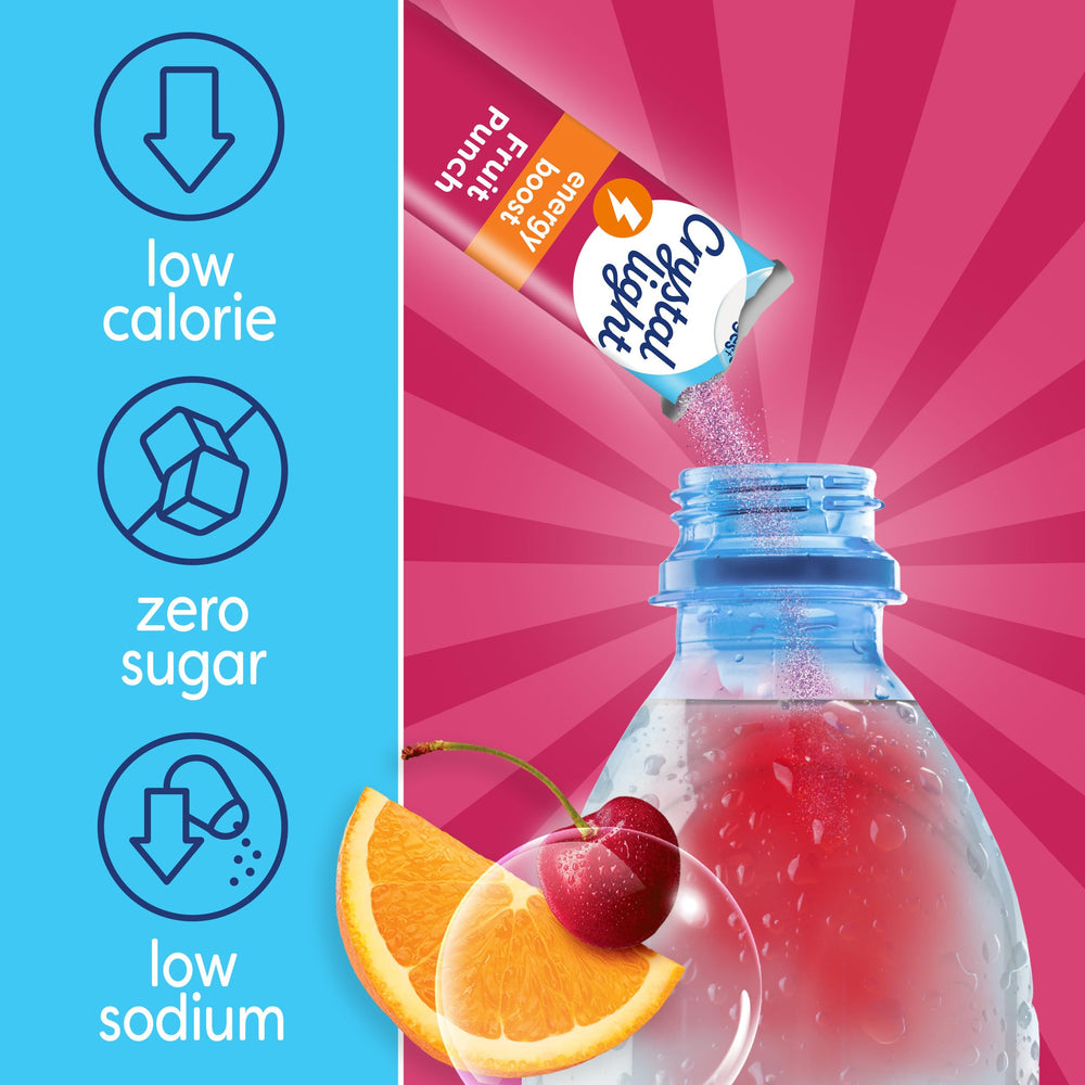 Crystal Light Energy Boost Fruit Punch packets dissolving smoothly for a crisp finish