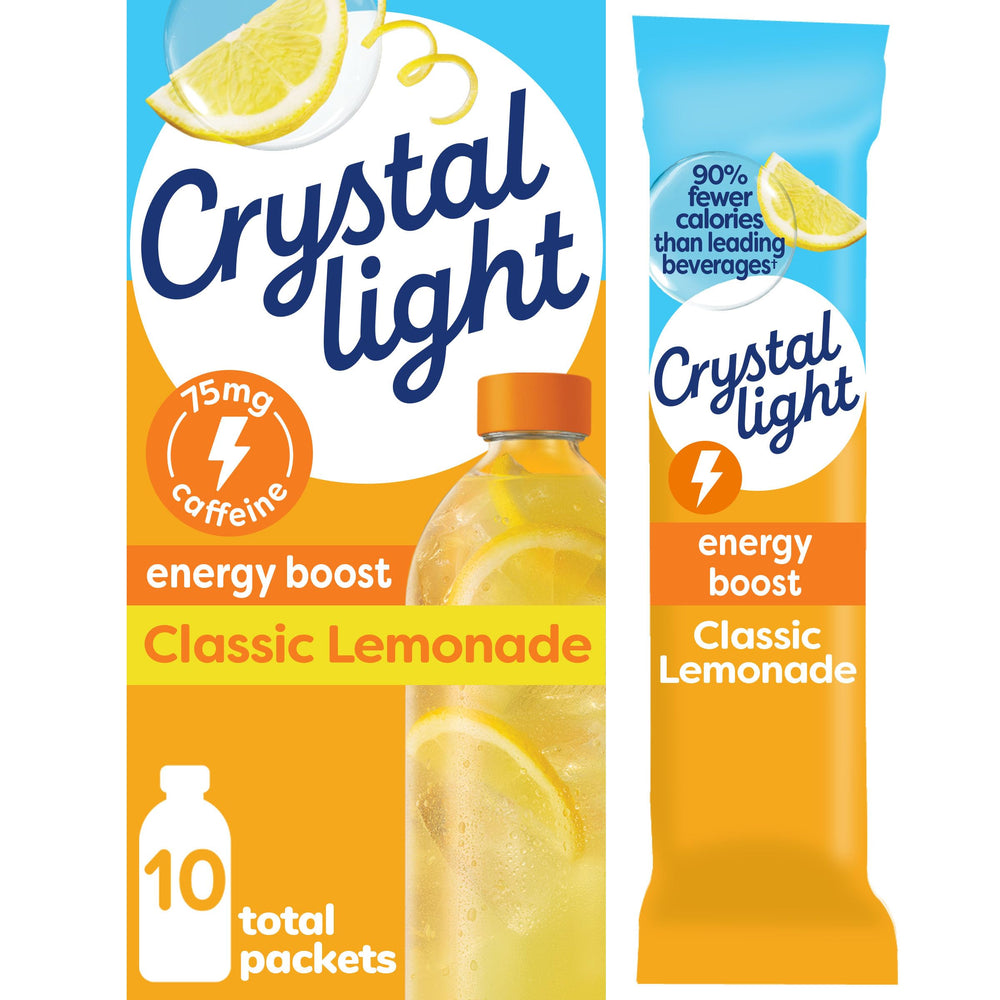 Crystal Light Energy Boost Lemonade on-the-go packet ready to mix for an energy lift