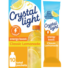 Crystal Light Energy Boost Lemonade on-the-go packet ready to mix for an energy lift