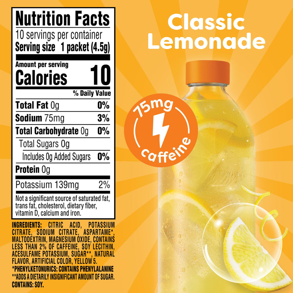 Crystal Light Energy Boost Lemonade packet on-the-go being poured into water for flavor