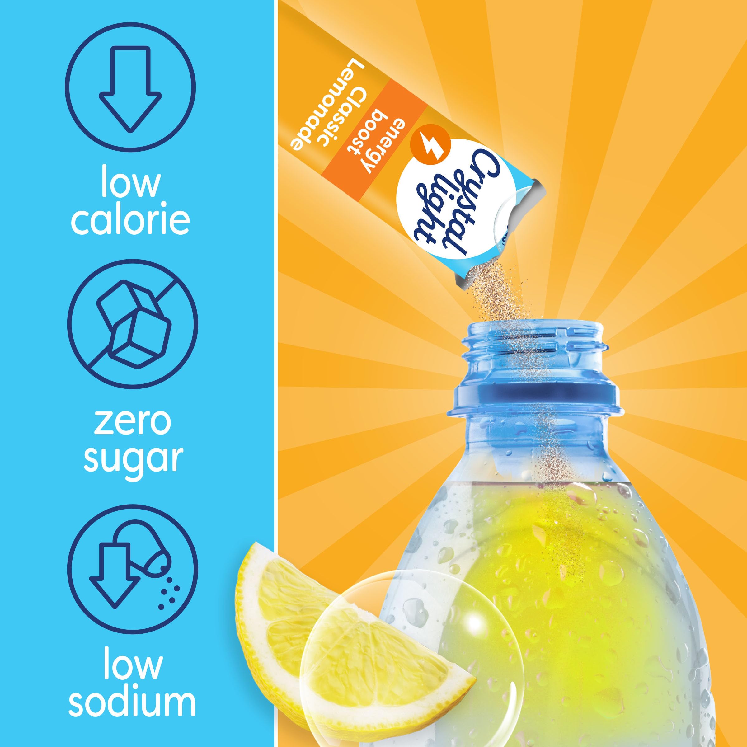 Crystal Light Energy Boost Lemonade packet at office desk for midday pick-me-up