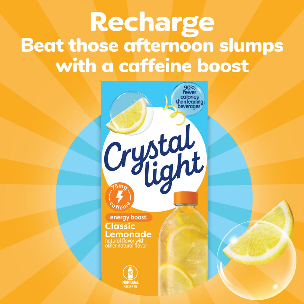 Crystal Light Energy Boost Lemonade packet with cold water for a crisp taste