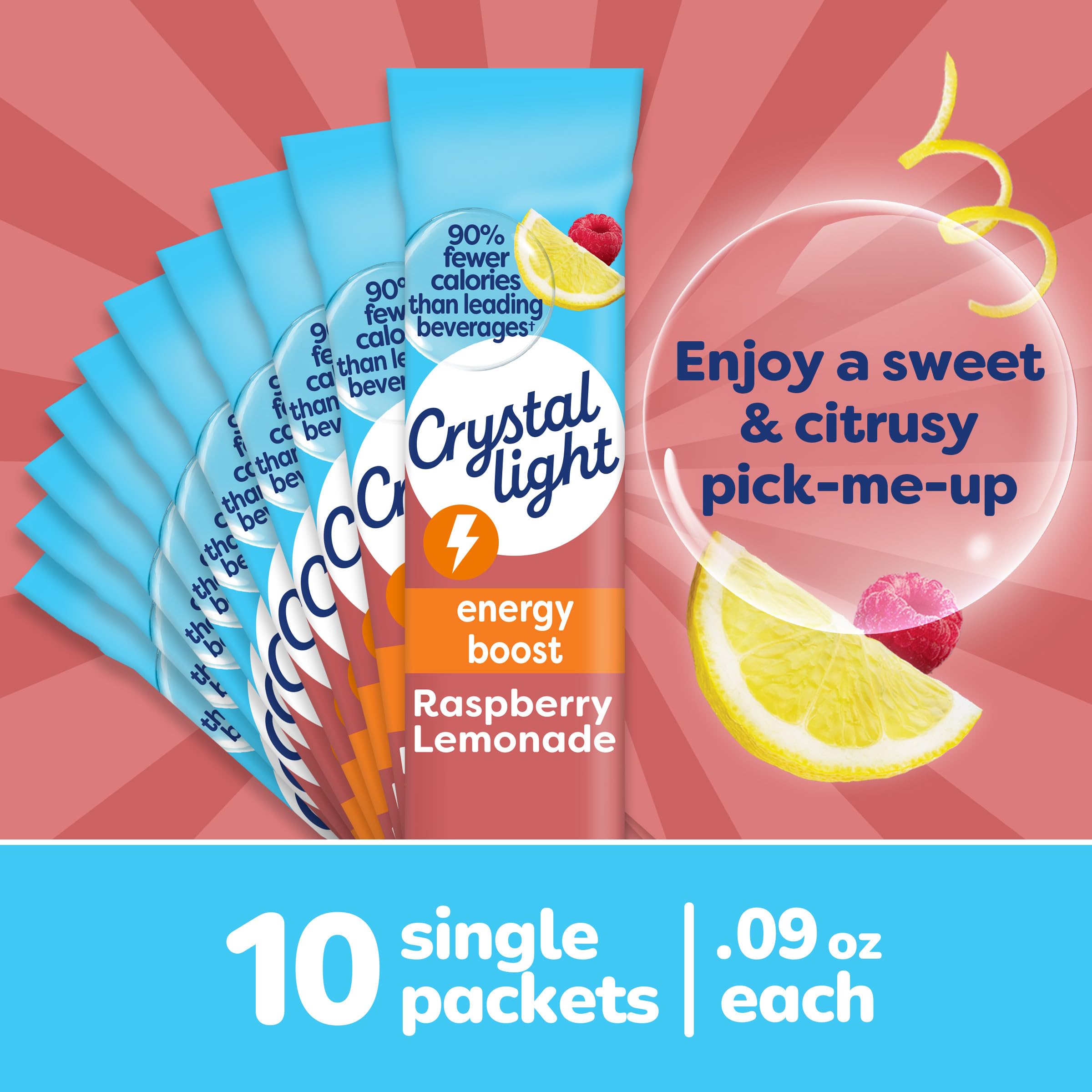 Crystal Light Energy Boost Raspberry Lemonade box packaging shown for grab-and-go flavor.