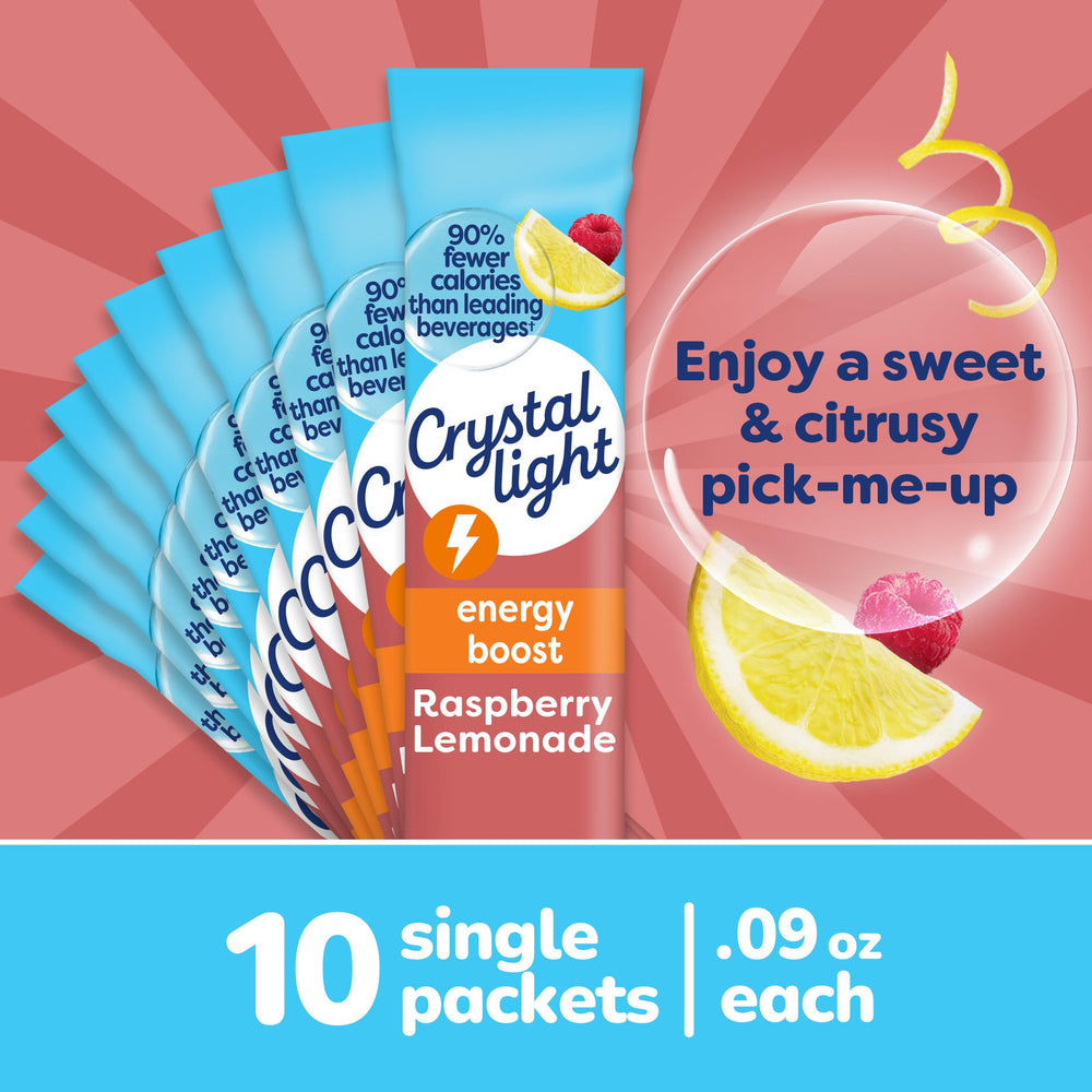 Crystal Light Energy Boost Raspberry Lemonade box packaging shown for grab-and-go flavor.