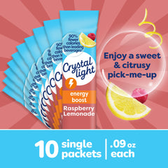 Crystal Light Energy Boost Raspberry Lemonade box packaging shown for grab-and-go flavor.