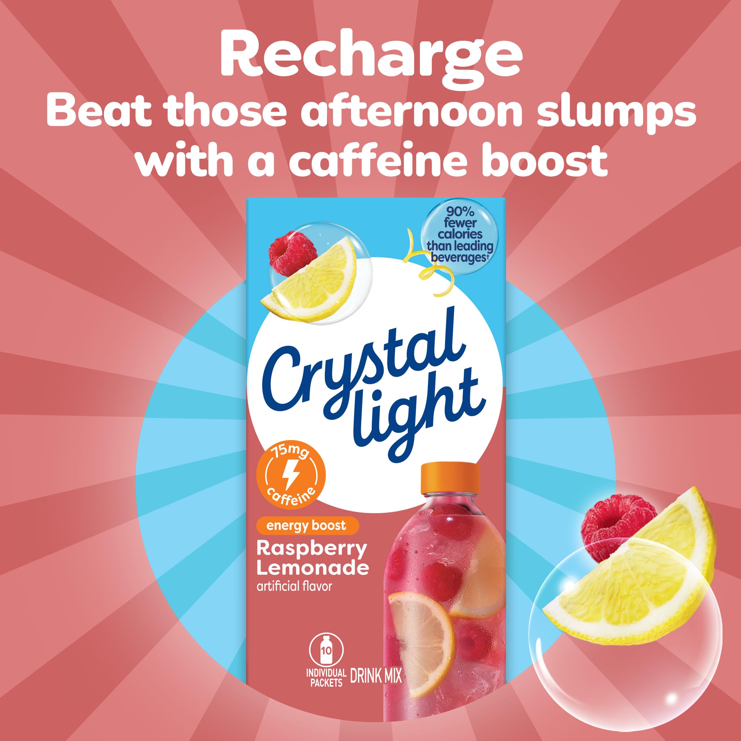 Crystal Light Energy Boost Raspberry Lemonade glass with ice offers a refreshing chill.