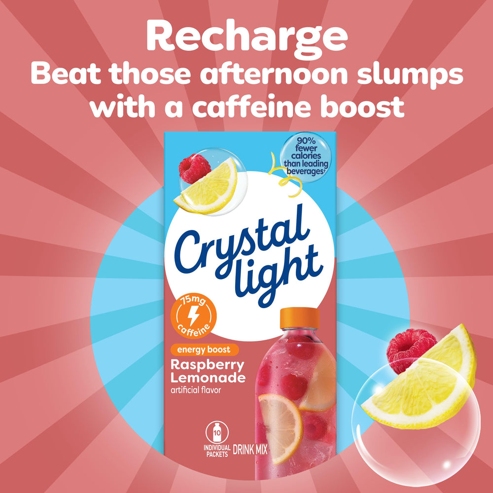 Crystal Light Energy Boost Raspberry Lemonade glass with ice offers a refreshing chill.