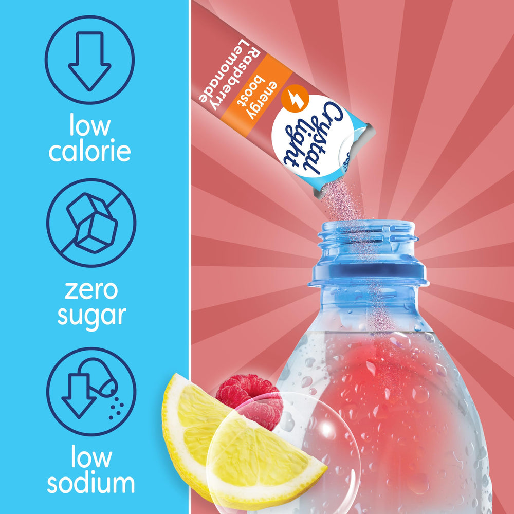 Crystal Light Energy Boost Raspberry Lemonade on-the-go packets tucked in a bag for travel.