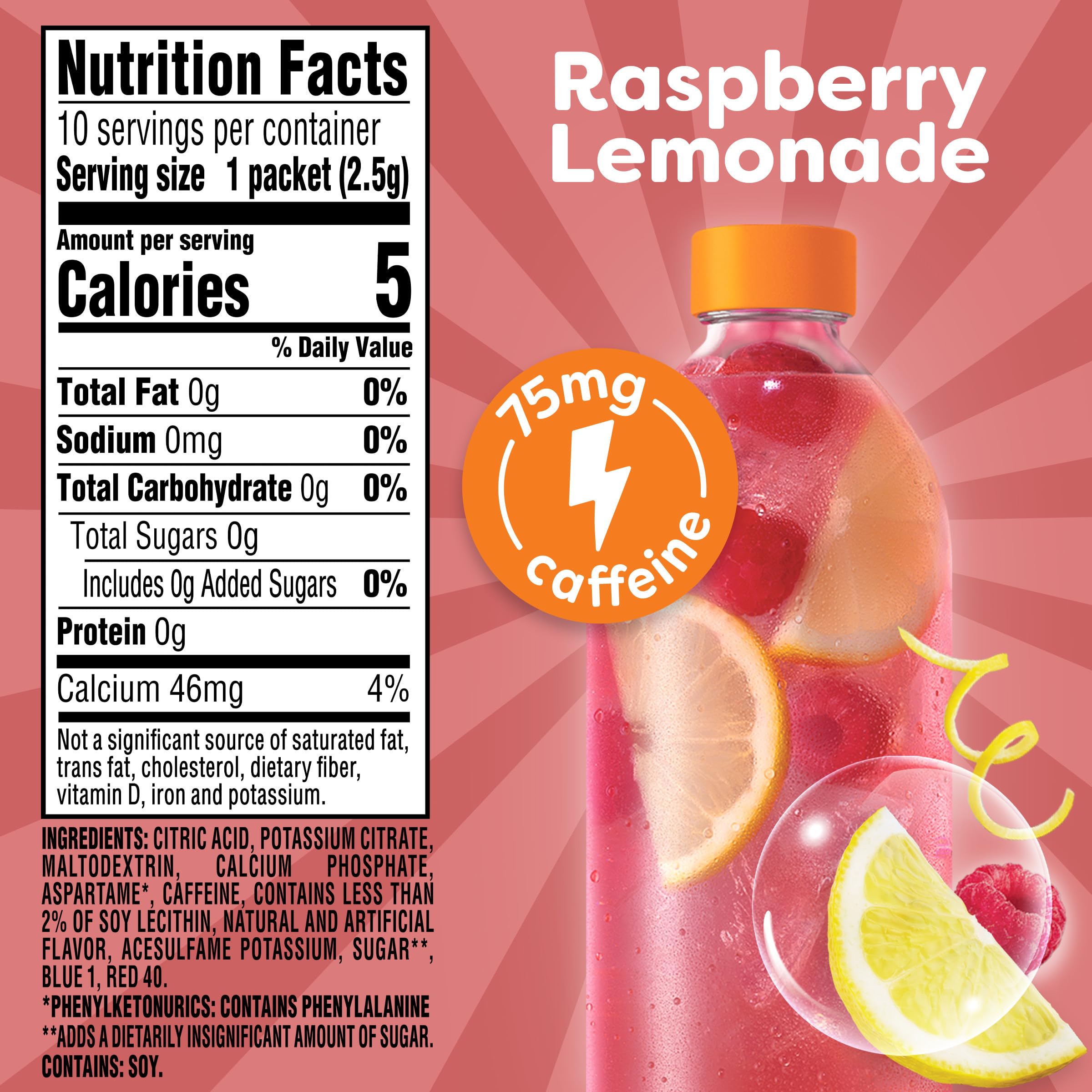 Crystal Light Energy Boost Raspberry Lemonade packet dissolves in a glass for a refreshing energy boost.