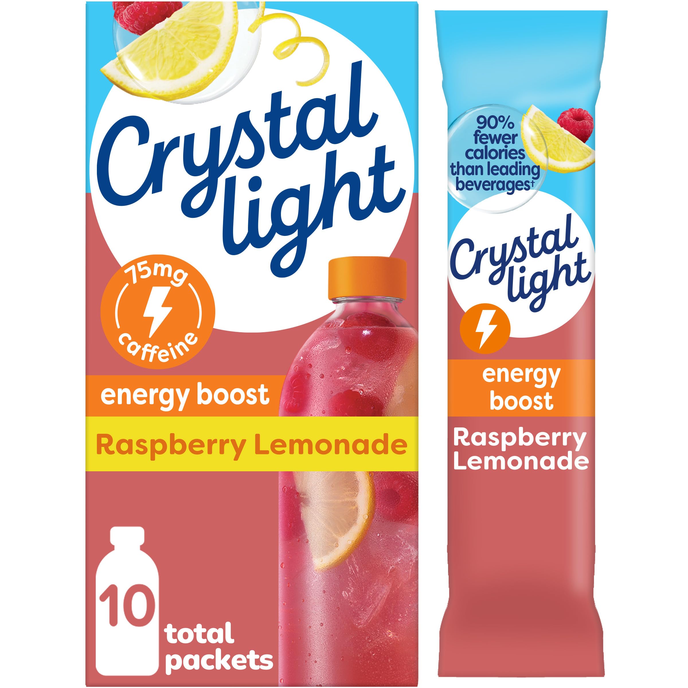 Crystal Light Energy Boost Raspberry Lemonade packet pours into water for a quick caffeine lift.