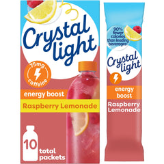 Crystal Light Energy Boost Raspberry Lemonade packet pours into water for a quick caffeine lift.
