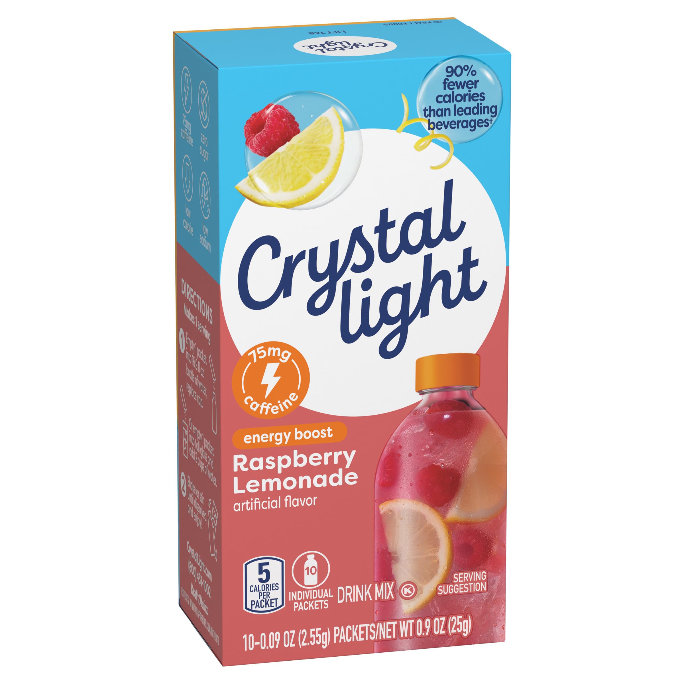 Crystal Light Energy Boost Raspberry Lemonade travel-pack shown with a water bottle.