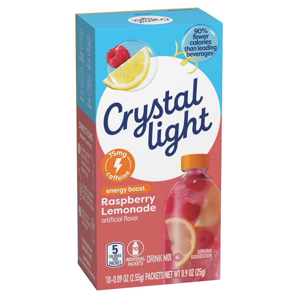 Crystal Light Energy Boost Raspberry Lemonade travel-pack shown with a water bottle.