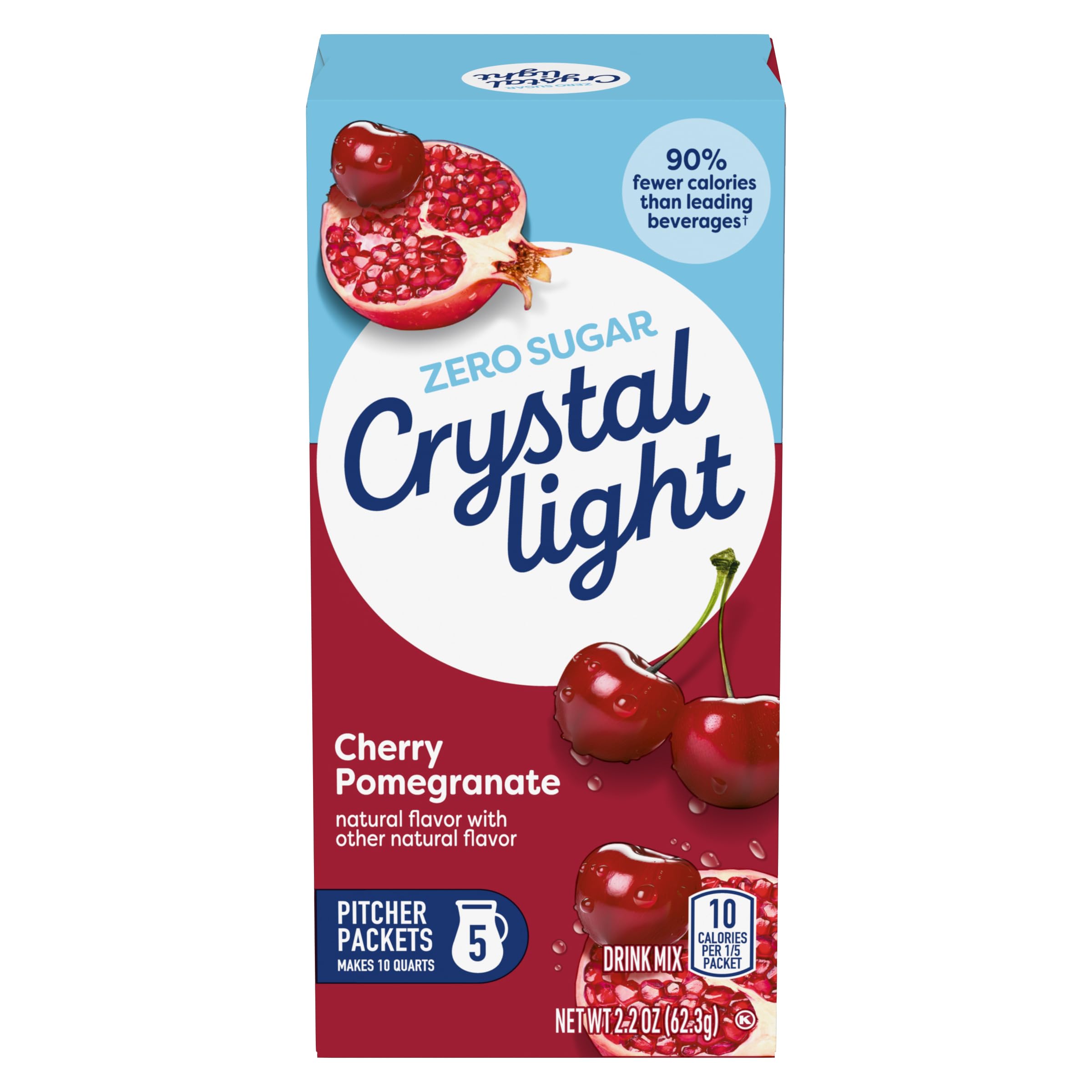 Crystal Light glass with cherry-pomegranate drink, vibrant color and refreshing taste.