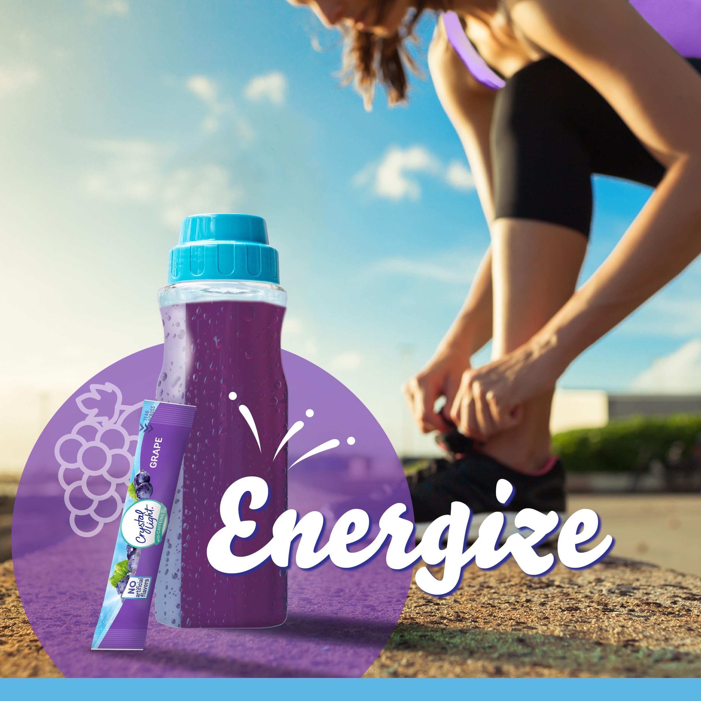 Crystal Light Grape stirred into a bottle of water for flavor