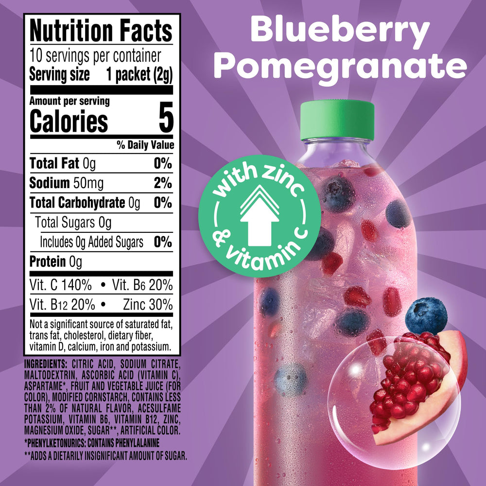 Crystal Light Immunity Support blueberry-pomegranate flavor in a glass.