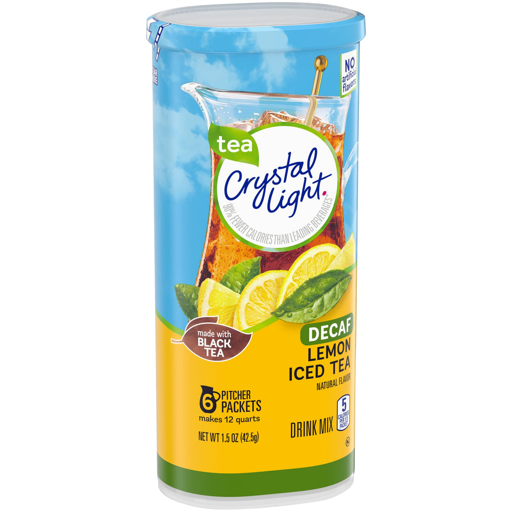 Crystal Light Lemon canister packaging showing six packets for versatile mixing.