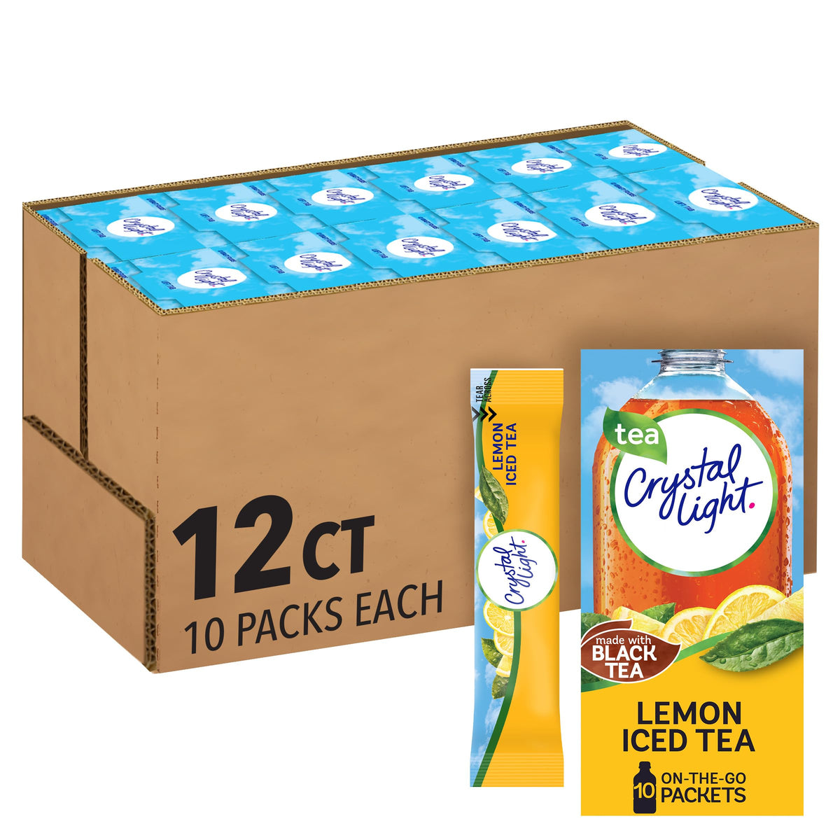Crystal Light Lemon Iced Tea box front showing packaging for easy on-the-go refreshment