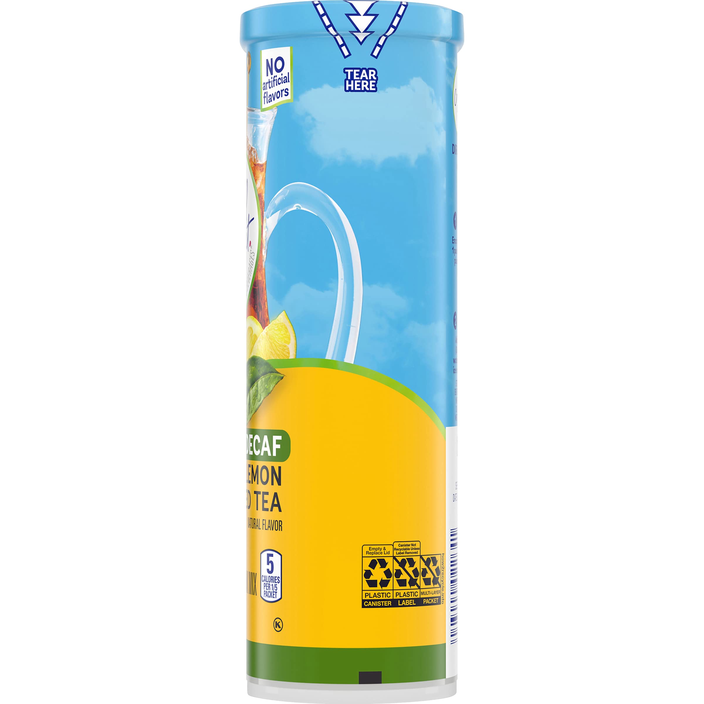 Crystal Light Lemon packaging on kitchen counter suggests convenient sugar-free refreshment.