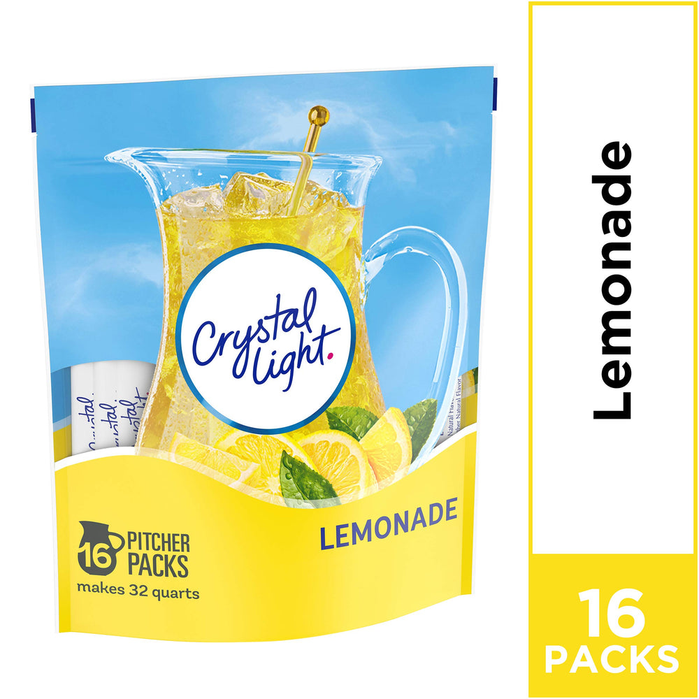 Crystal Light lemonade being poured into a glass for easy serving