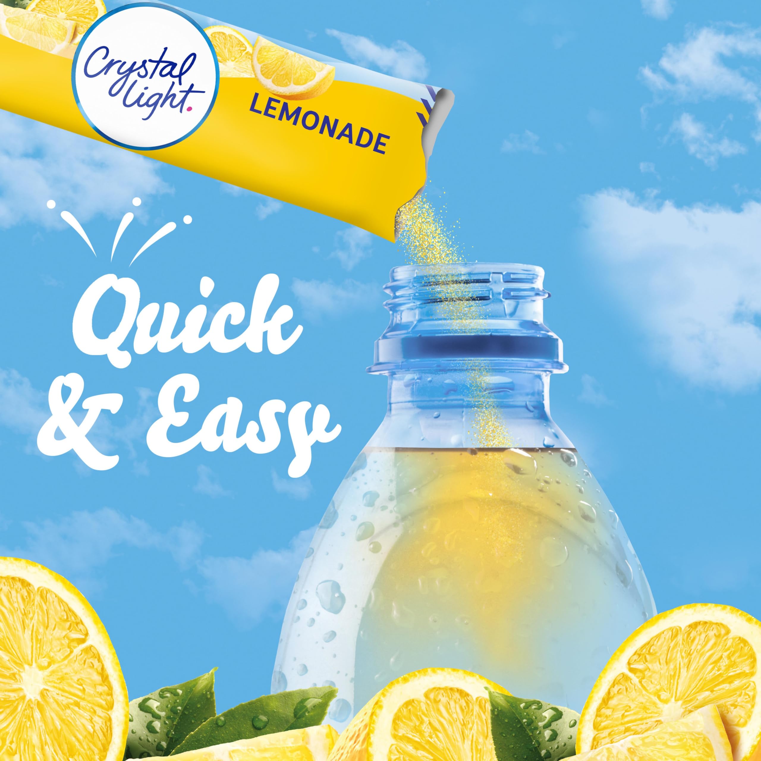 Crystal Light glass with ice displaying refreshing citrus taste and zero sugar.
