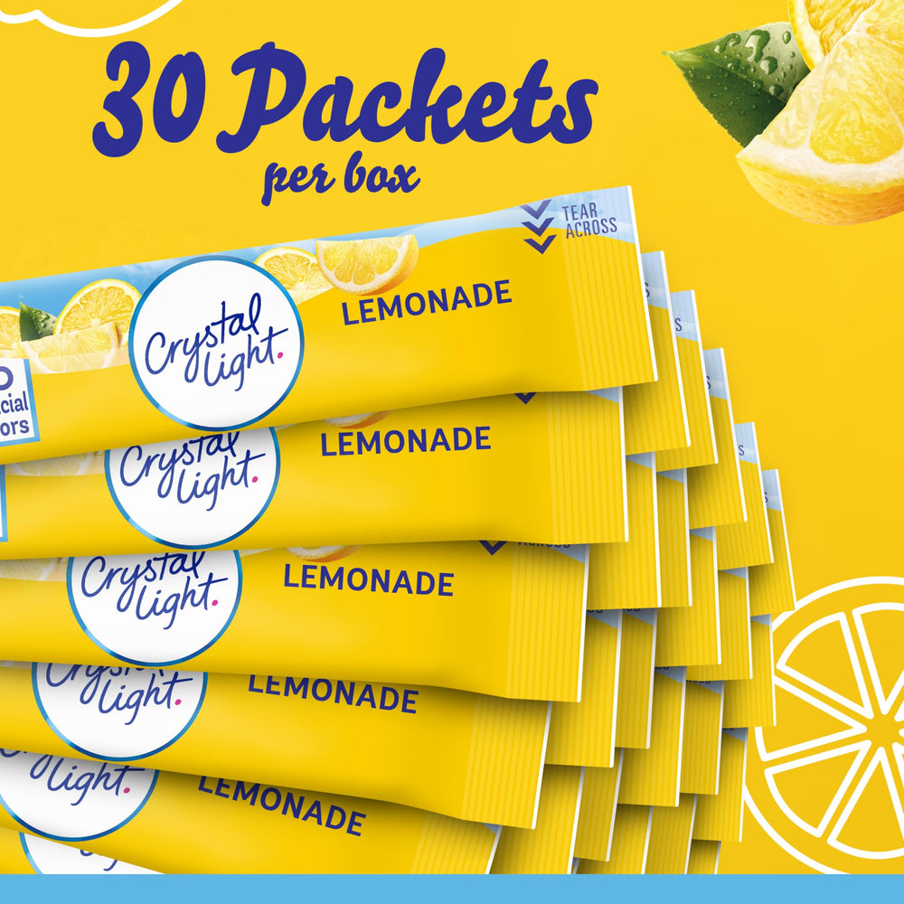 Crystal Light lemonade lemon essence powder close-up emphasizing natural flavor variety.