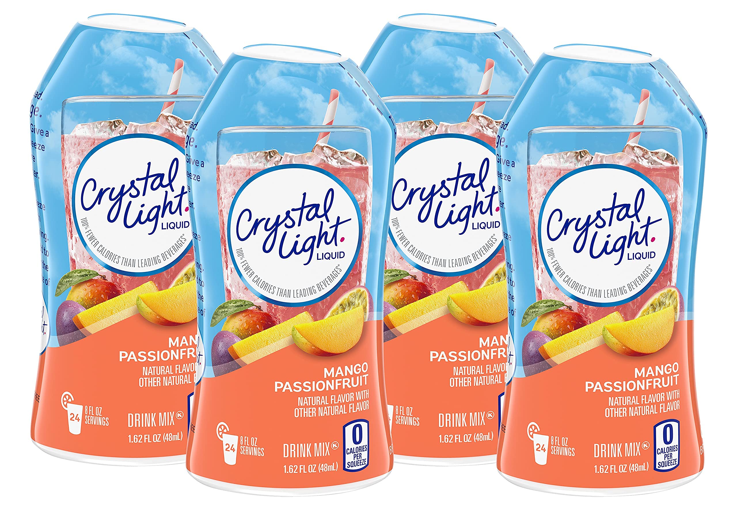 Crystal Light Mango Passionfruit liquid drink mix pour shows easy zero-calorie flavoring for water