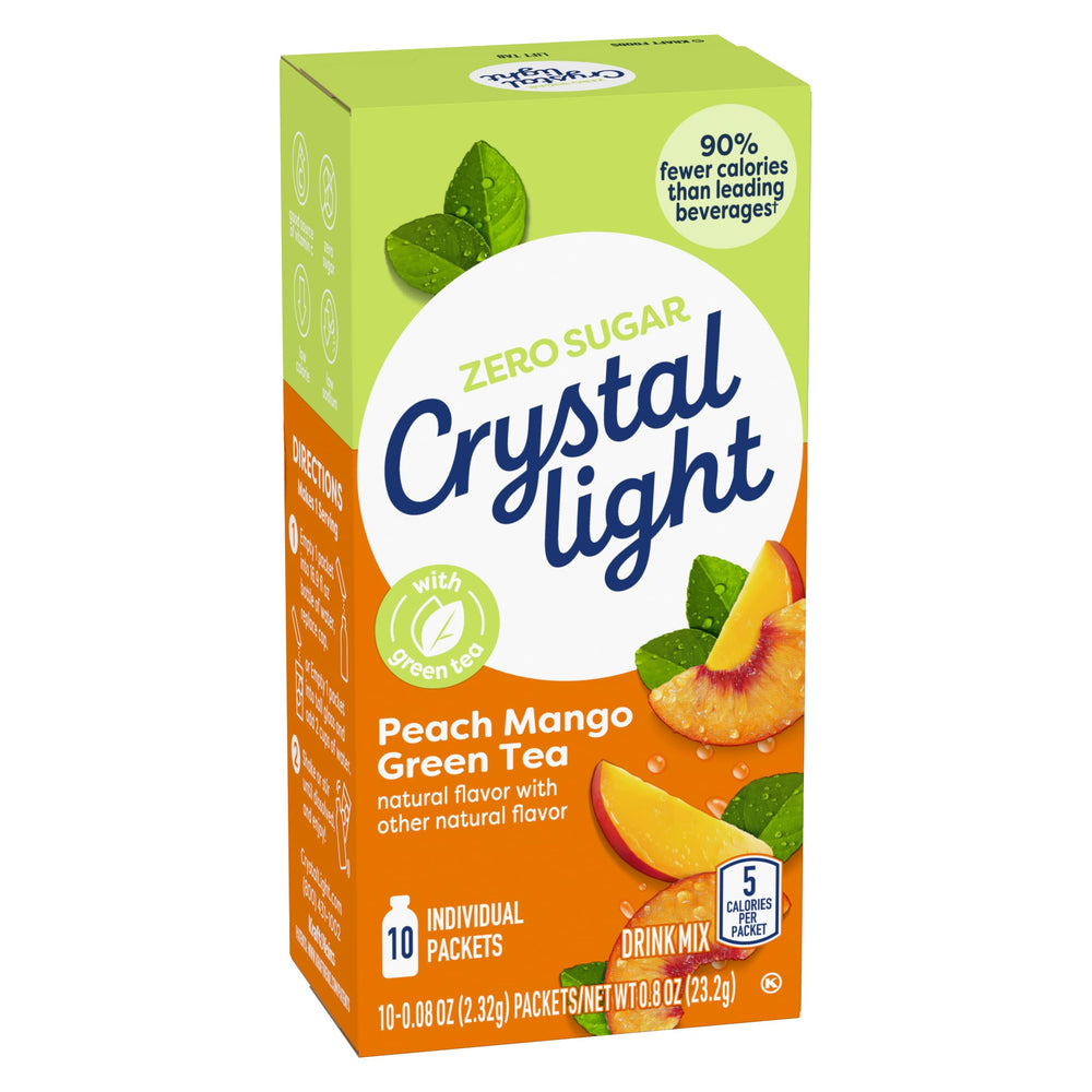 Crystal Light On The Go Peach Mango Green Tea close-up showing refreshing color and aroma.