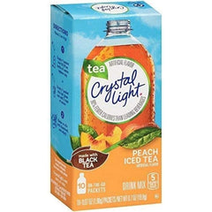 Crystal Light Peach Iced Tea sachet poured into water for refreshing hydration.