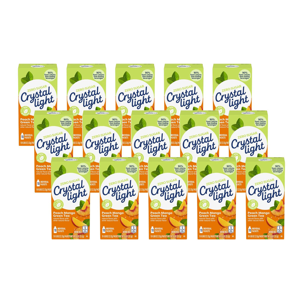 Crystal Light On The Go Peach Mango Green Tea packets offer portable, zero-sugar flavor for anytime refreshment.