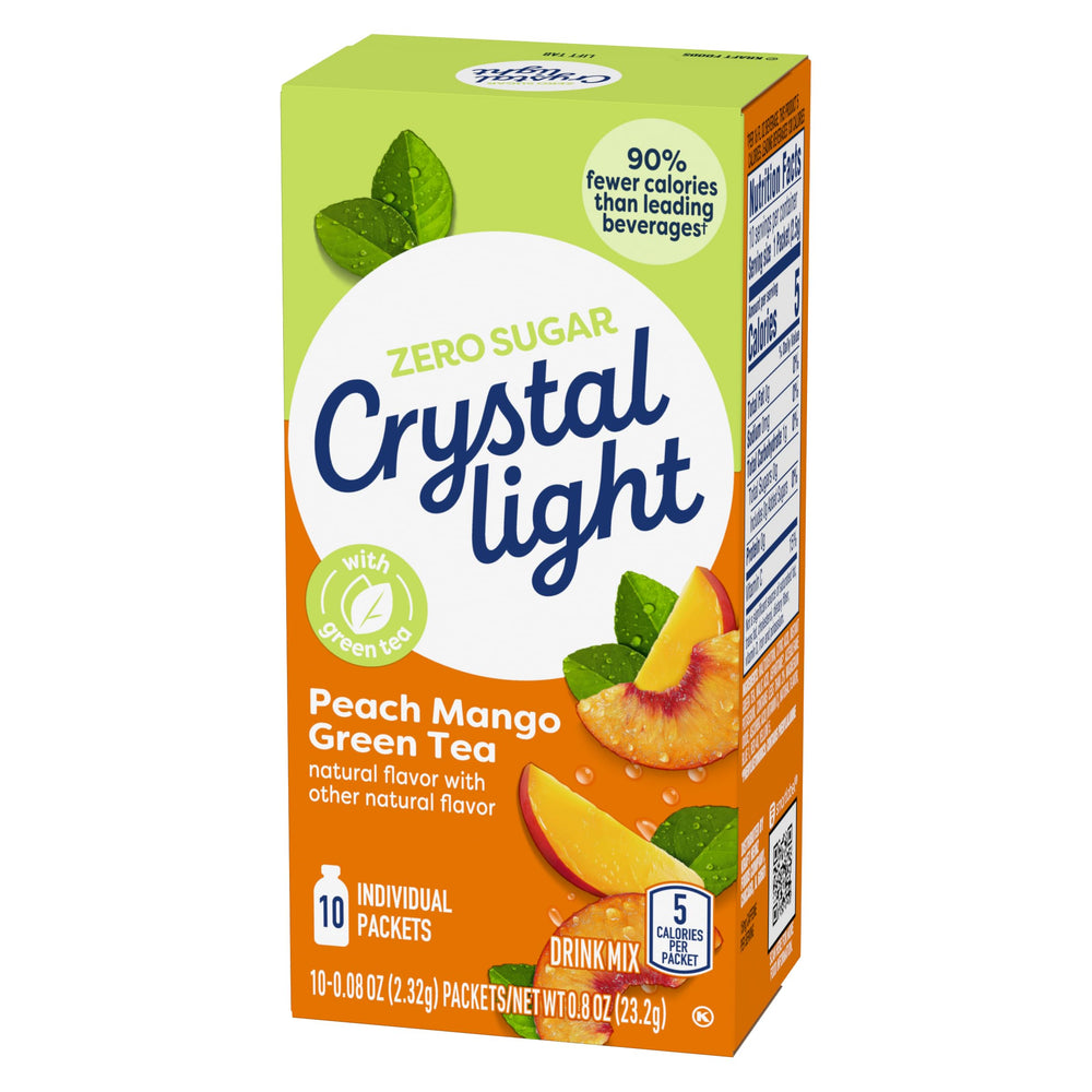 Crystal Light On The Go Peach Mango Green Tea swirl captured in a glass, vibrant flavor.