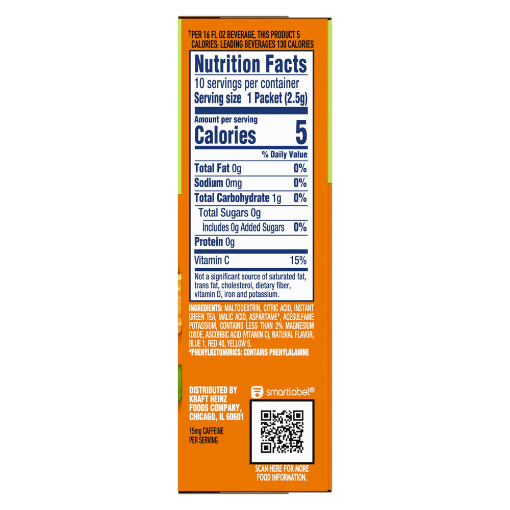 Crystal Light On The Go Peach Mango Green Tea packet being poured into water for quick refreshment.