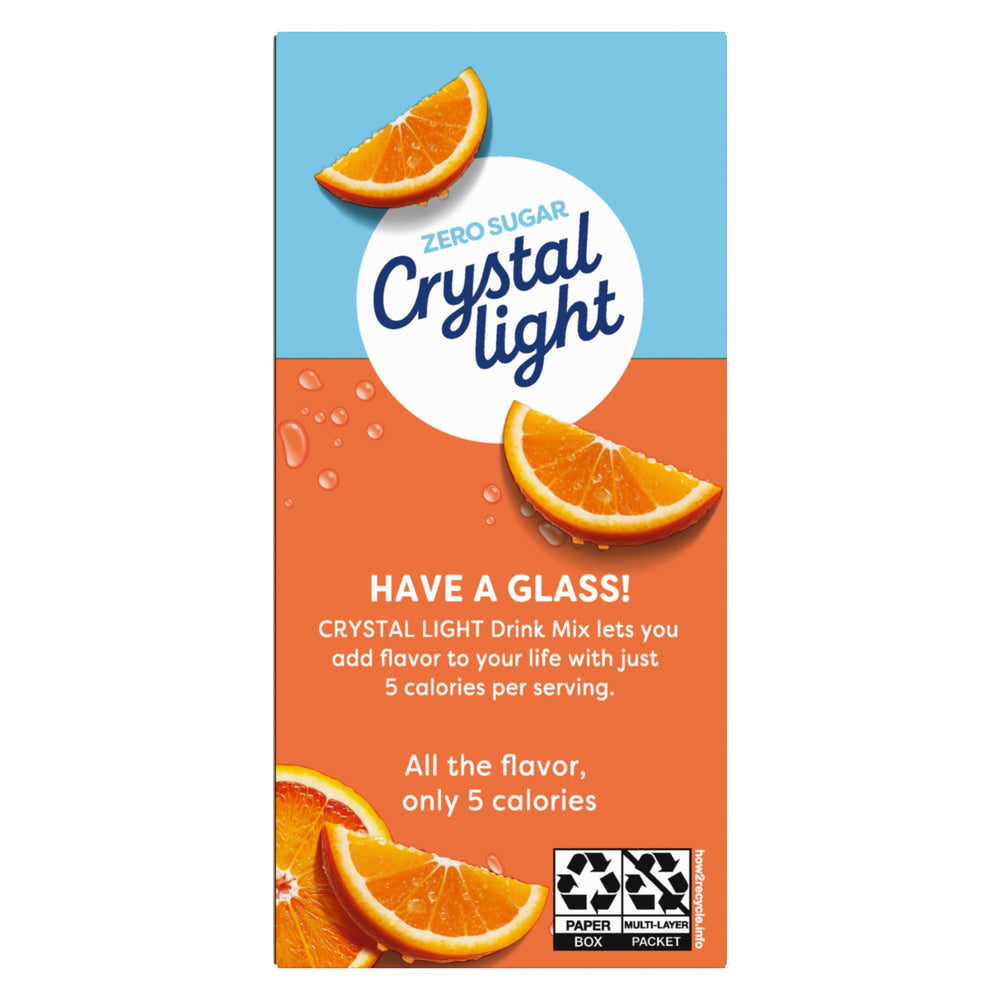 Crystal Light Orange Drink Mix display on store shelf with citrus branding.