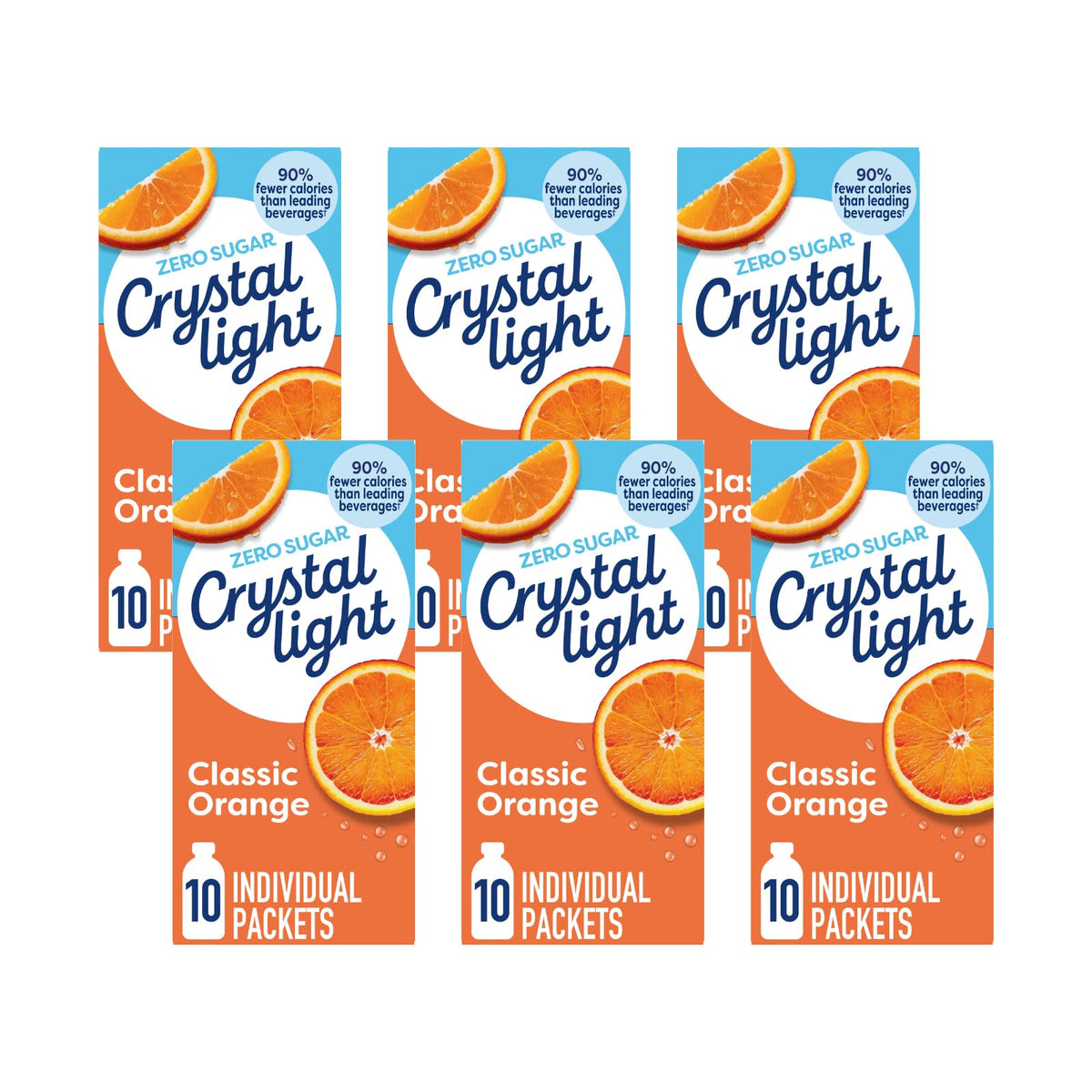 Crystal Light Classic Orange pack of 6 boxes on display, a convenient low-calorie option.