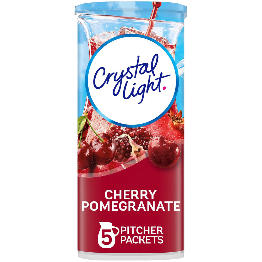 Crystal Light packets cherry pomegranate flavor for refreshing, caffeine-free hydration.