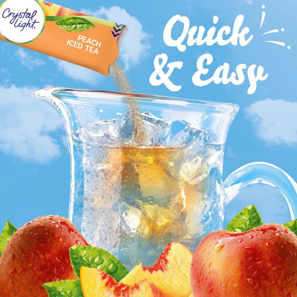 Crystal Light Peach Iced Tea box packaging with 72 pitcher packets