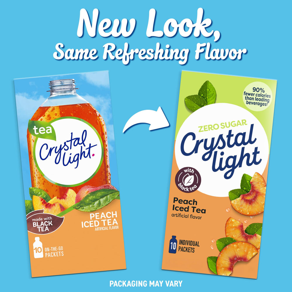 Crystal Light Peach Iced Tea box illustrates easy, zero-sugar mix.