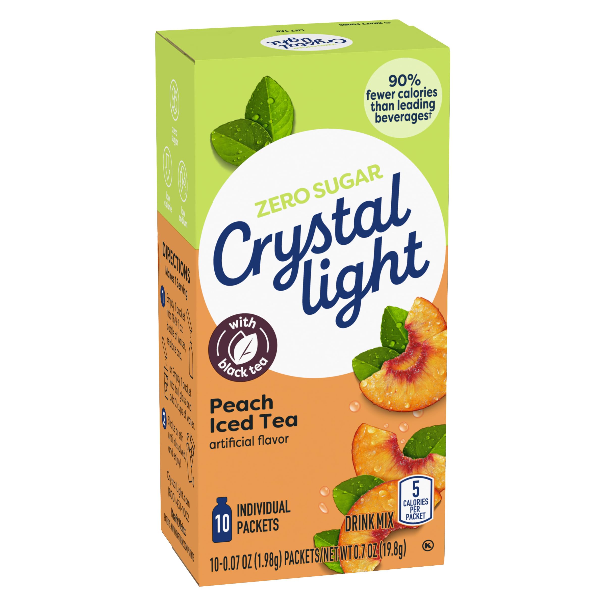 Crystal Light Peach Iced Tea packet opened, ready to pour into water.