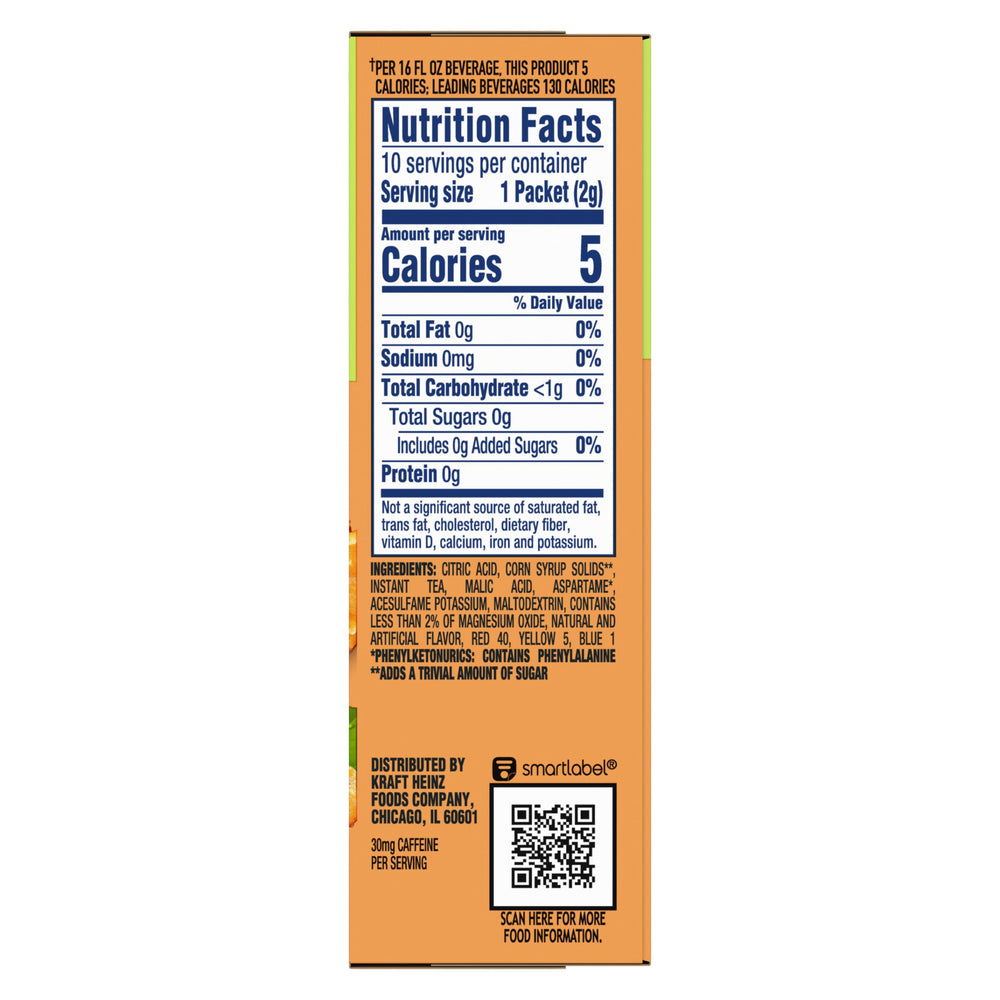Crystal Light Peach Iced Tea pourable powder splash demonstrates vibrant flavor.