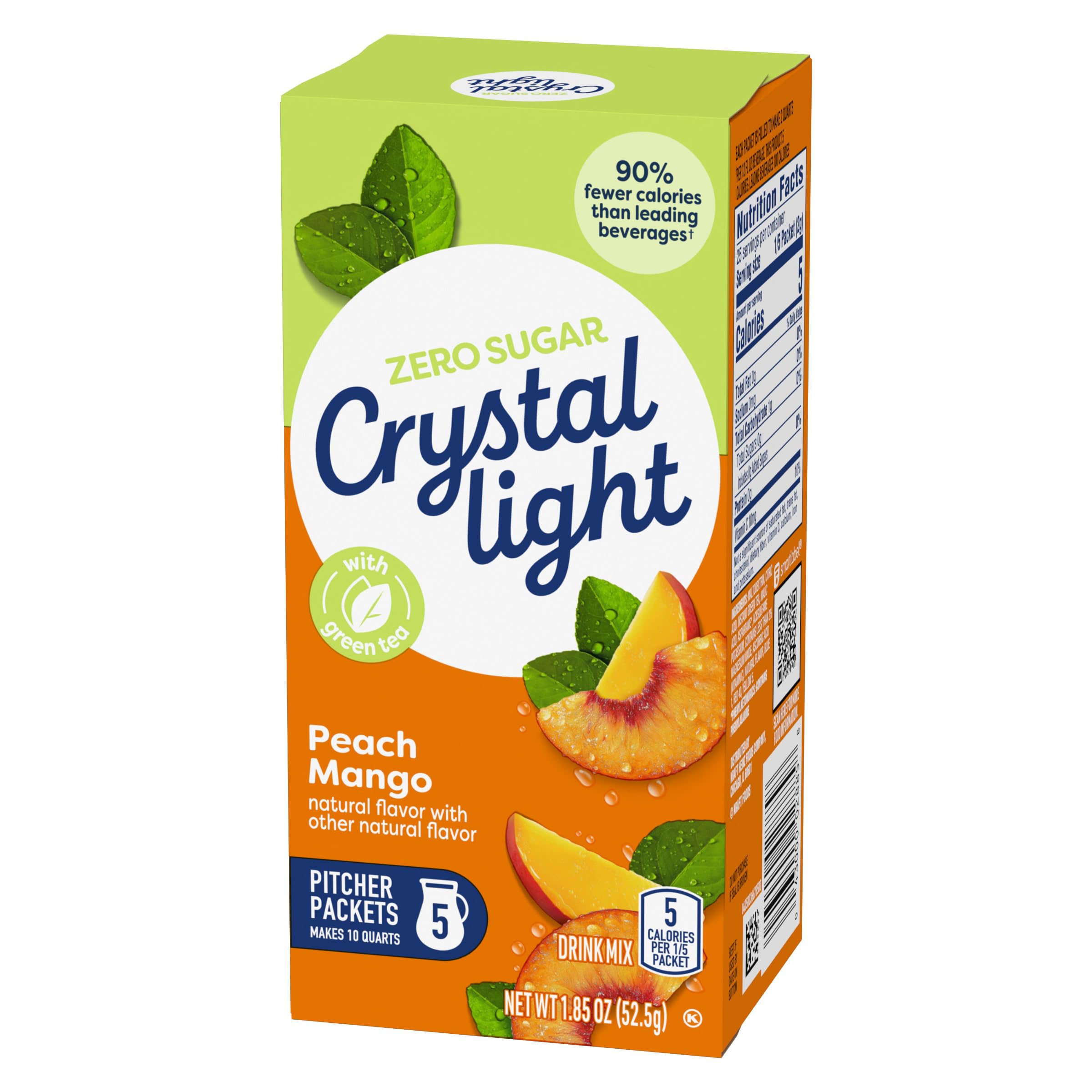 Bright aroma of Crystal Light Peach Mango Green Tea Drink Mix canister on counter.