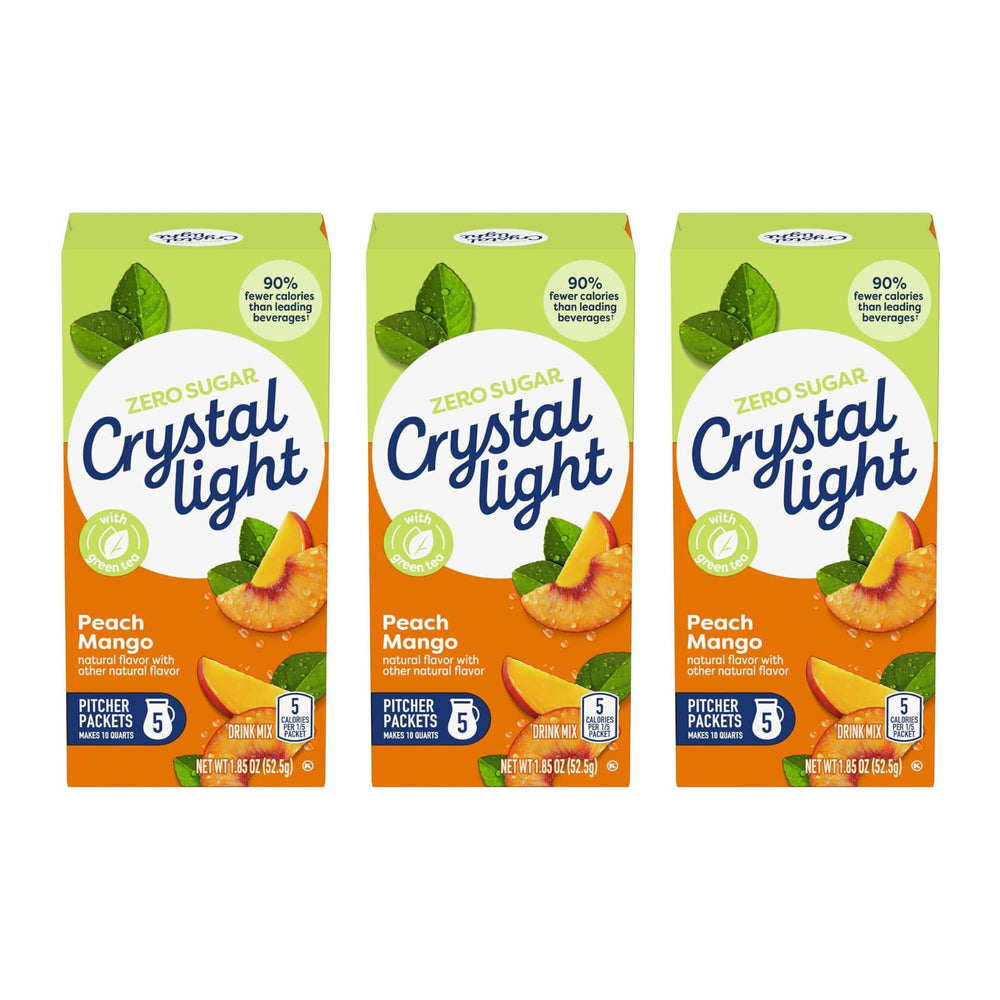 Crystal Light Peach Mango Green Tea Drink Mix box with five packets for two-quart servings.