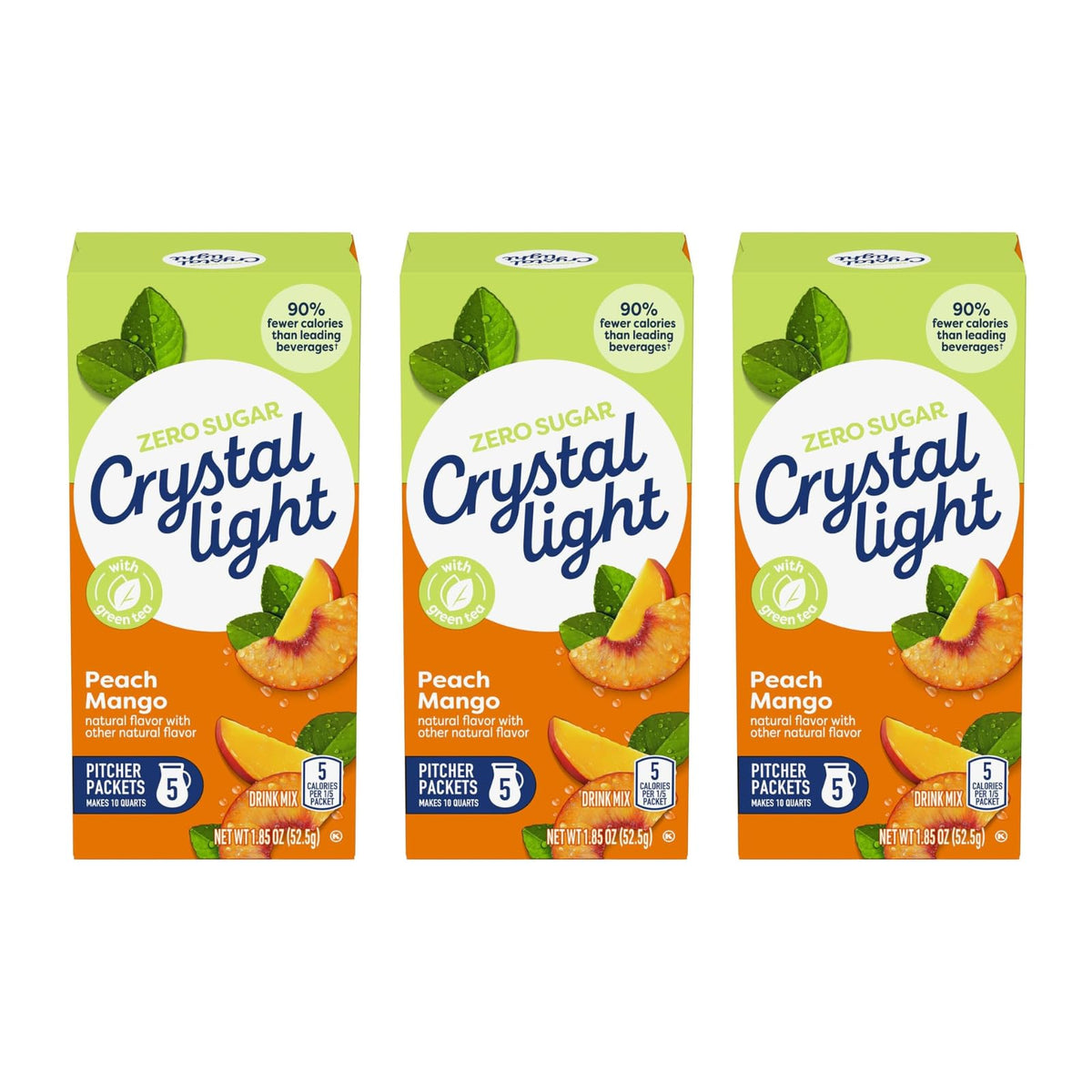 Crystal Light Peach Mango Green Tea Drink Mix box with five packets for two-quart servings.