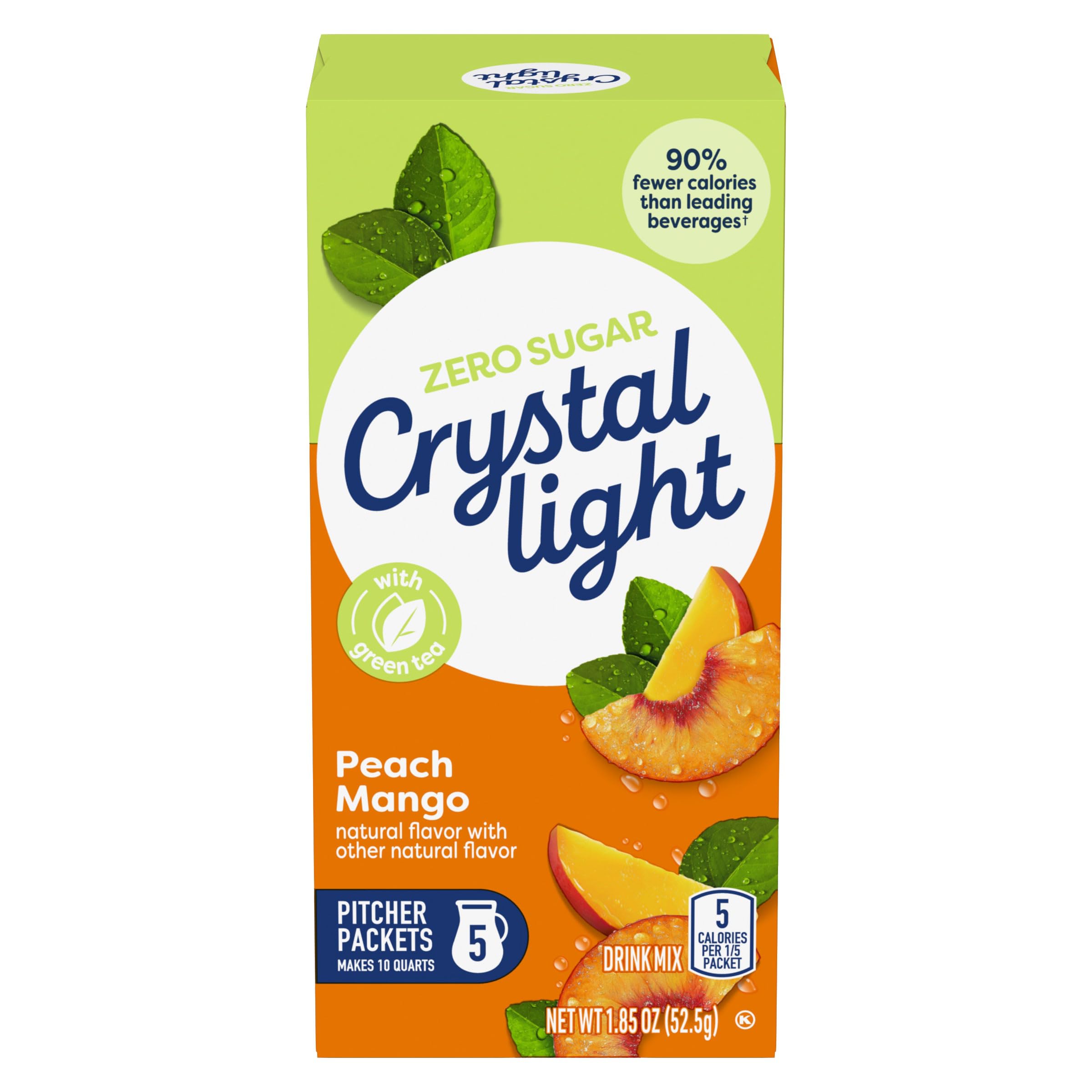 Crystal Light Peach Mango Green Tea Drink Mix canister on kitchen counter.