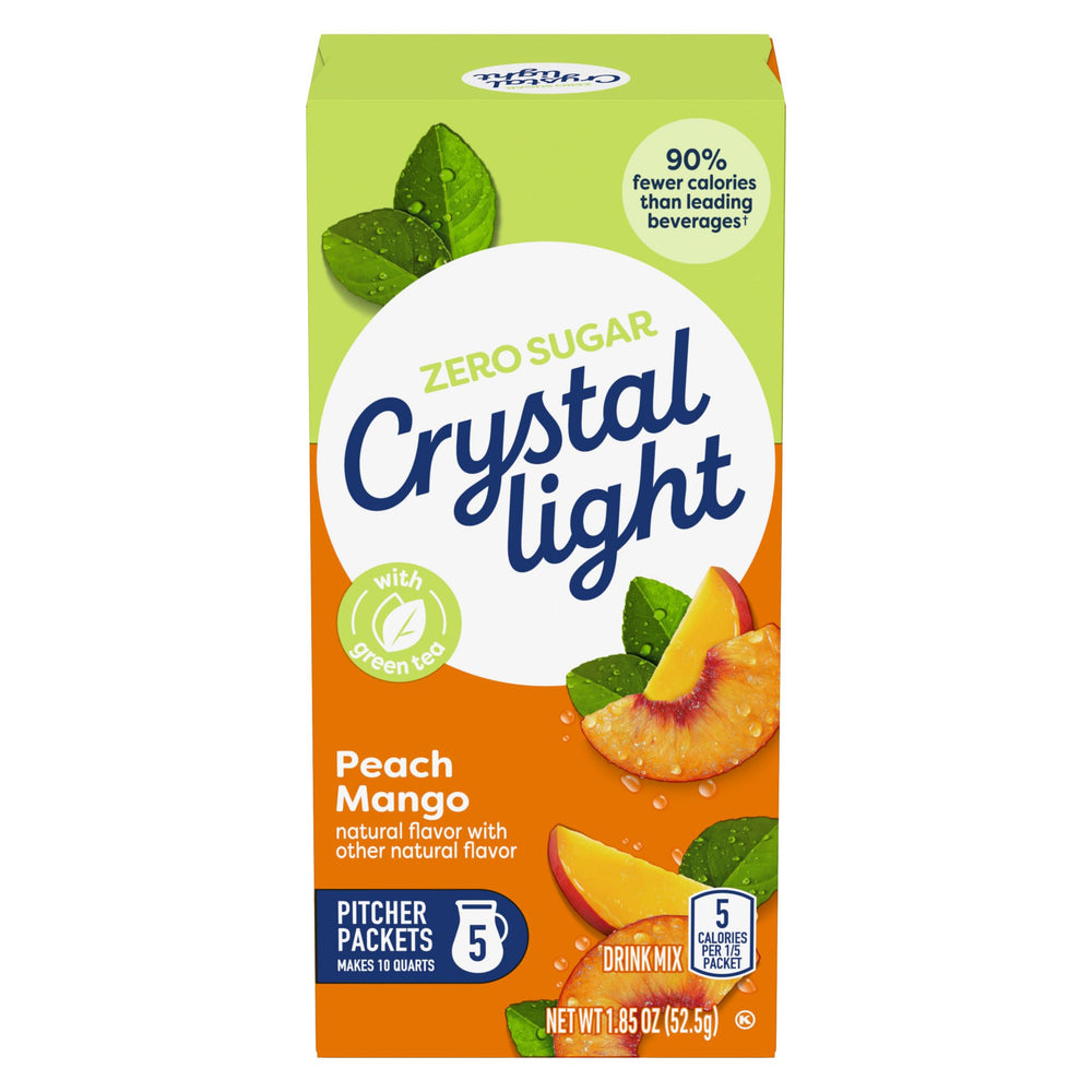 Crystal Light Peach Mango Green Tea Drink Mix canister on kitchen counter.