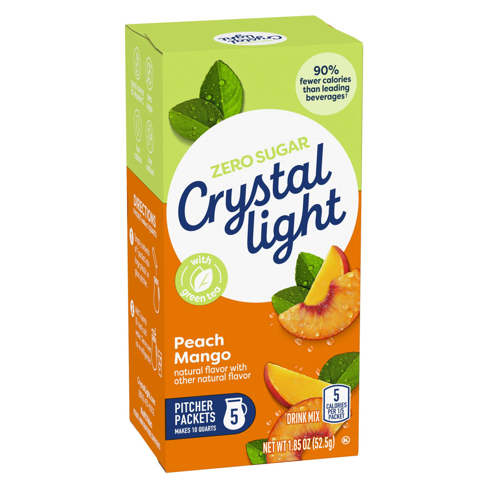 Tea cup with iced Crystal Light Peach Mango Green Tea Drink Mix.