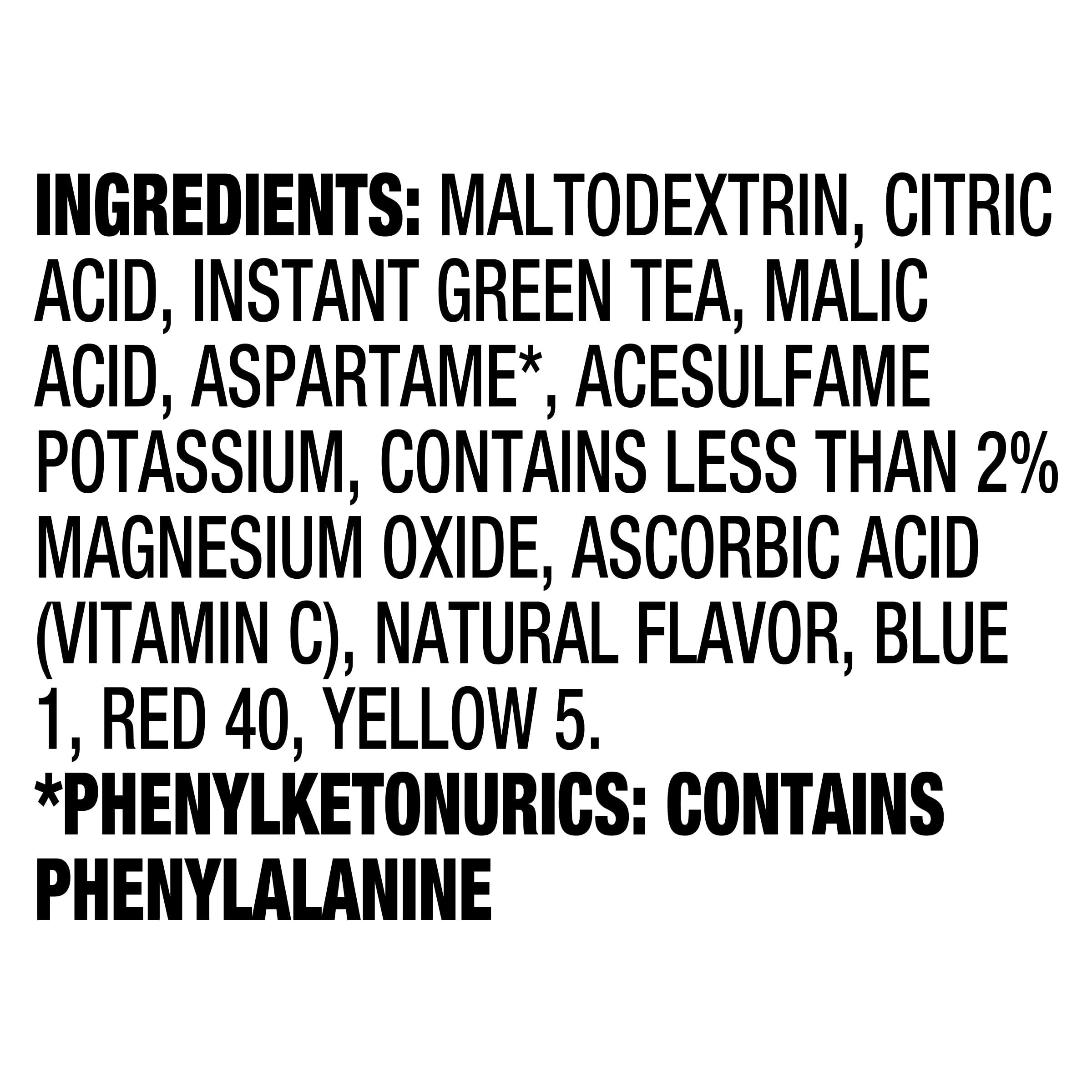 Packets of Crystal Light Peach Mango Green Tea Drink Mix ready to mix.