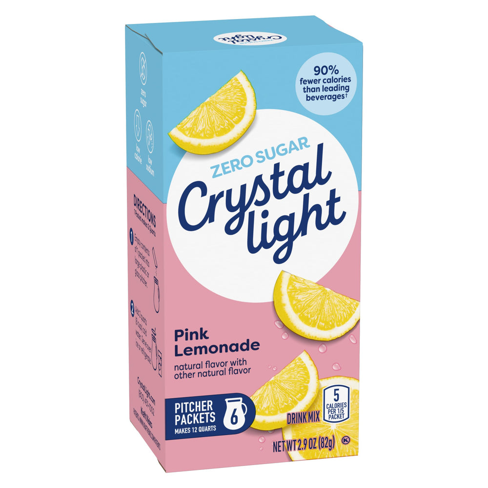 Crystal Light Pink Lemonade label highlights low calories and zero sugar.