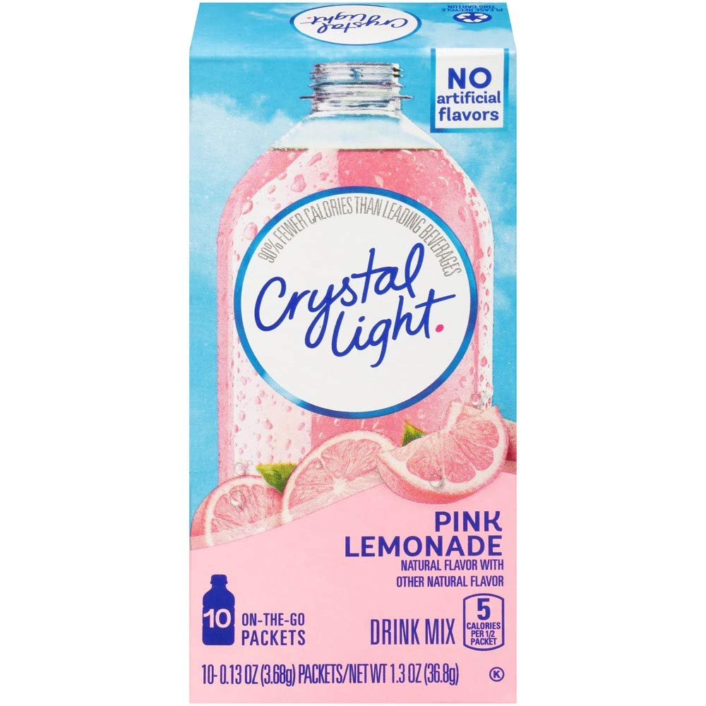 Crystal Light Pink Lemonade single sachet for convenient travel-friendly hydration.