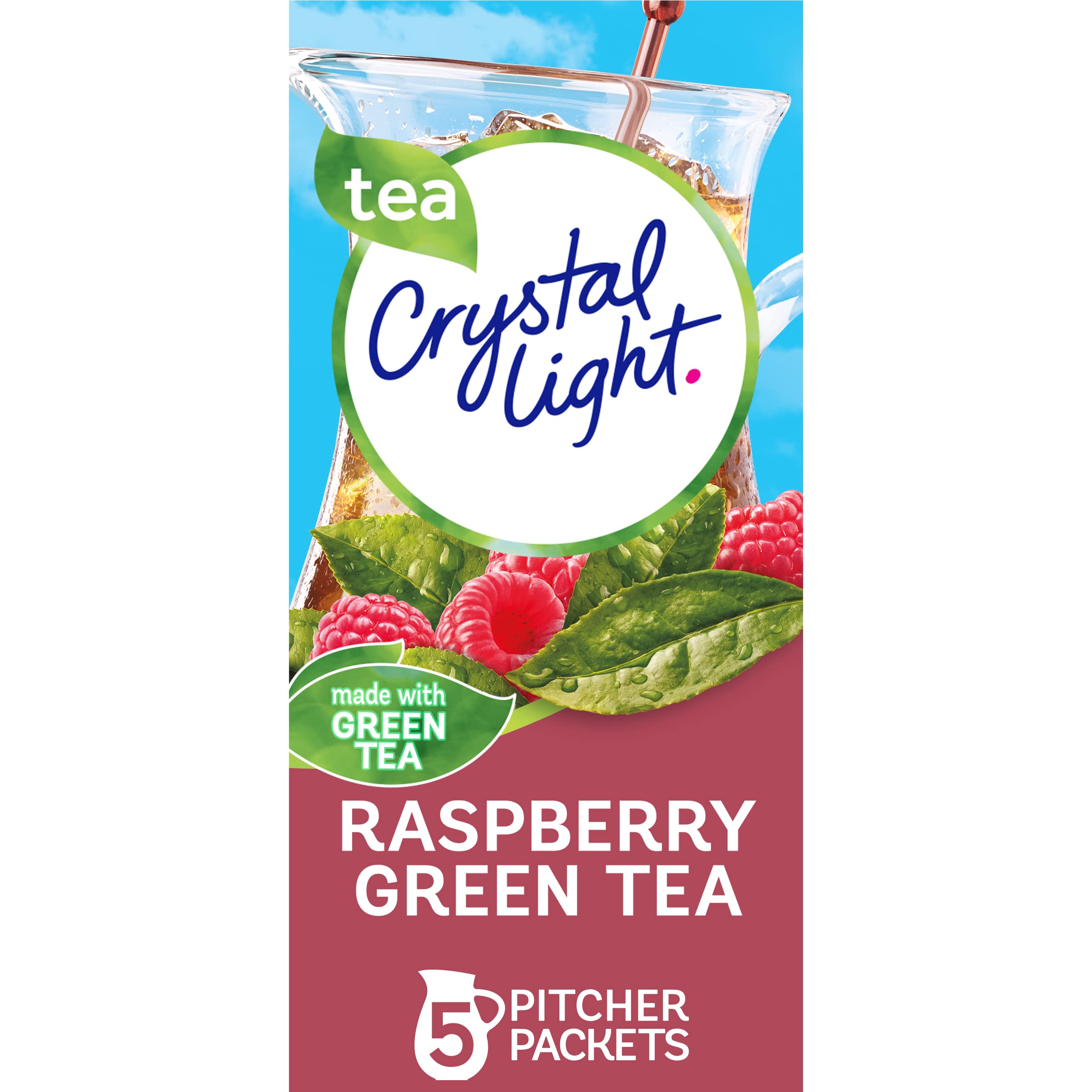 Crystal Light Raspberry Green Tea canister showing zero sugar and low-calorie refreshment.