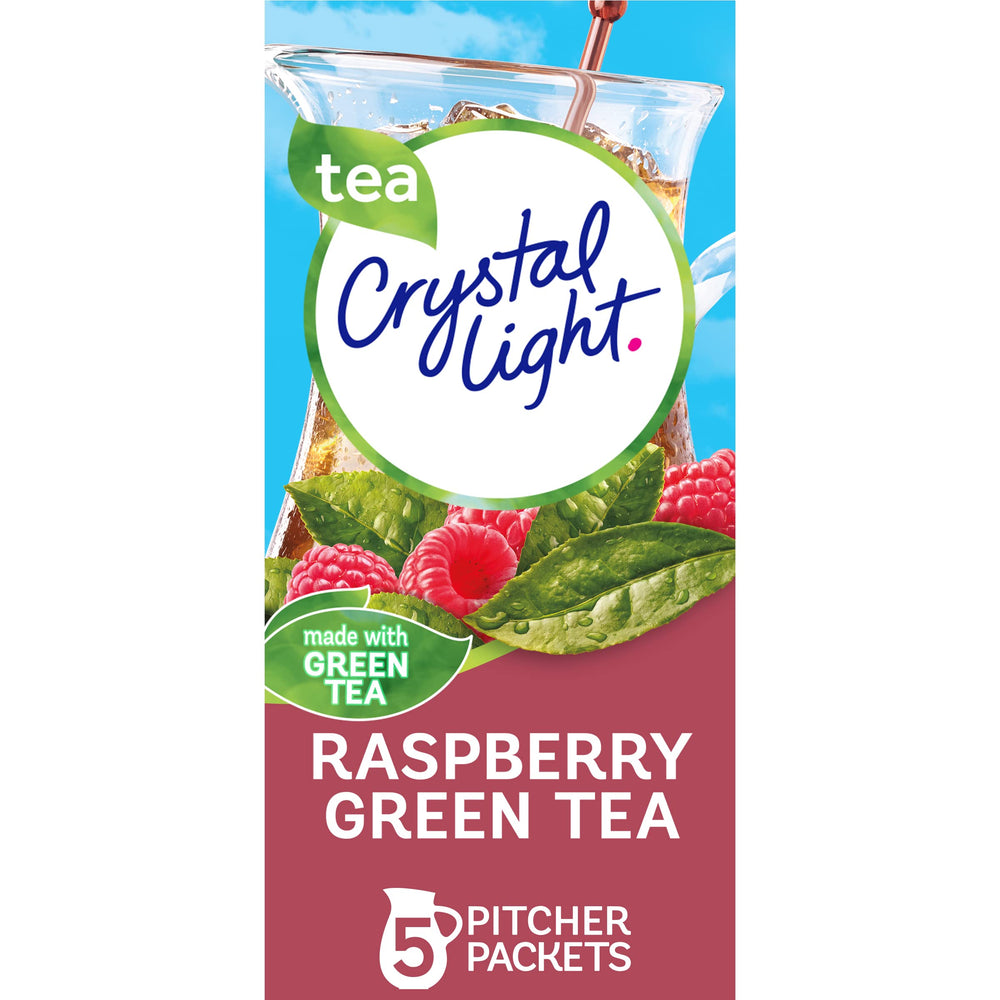 Crystal Light Raspberry Green Tea canister showing zero sugar and low-calorie refreshment.